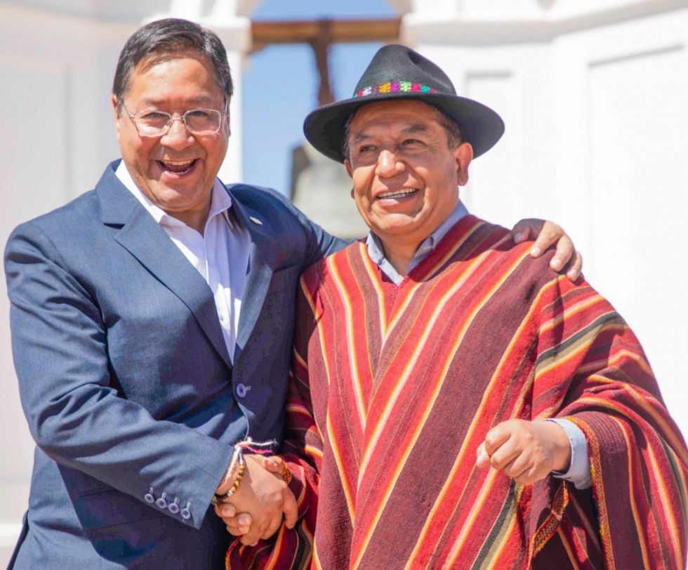 El presidente Luis Arce y el vicepresidente David Choquehuanca, en una de sus visitas a Sucre. FOTO: X