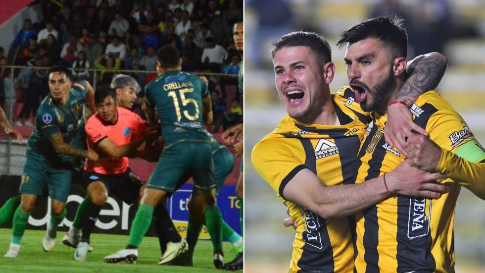 Un pasaje del partido entre Real Tomayapo y Bolívar; al lado, el festejo de los jugadores de The Strongest.