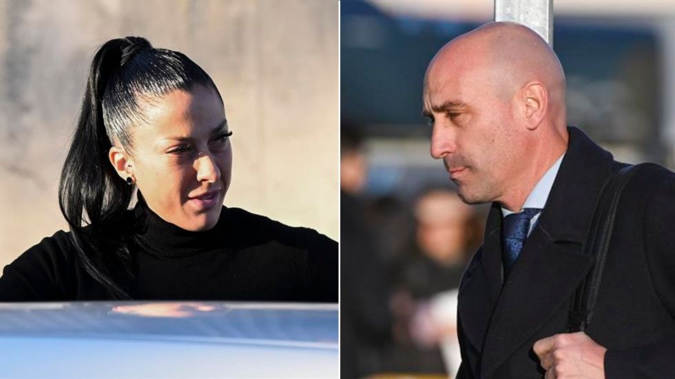 La futbolista Jenni Hermoso (i) y el exdirigente Luis Rubiales, antes de ingresar al juicio.