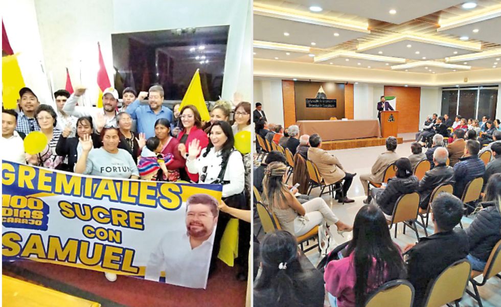 CAMPAÑA. Samuel Doria Medina, este lunes, tras recibir el apoyo de 17 organizaciones sociales. Al lado, en su intervención en la Fepch.