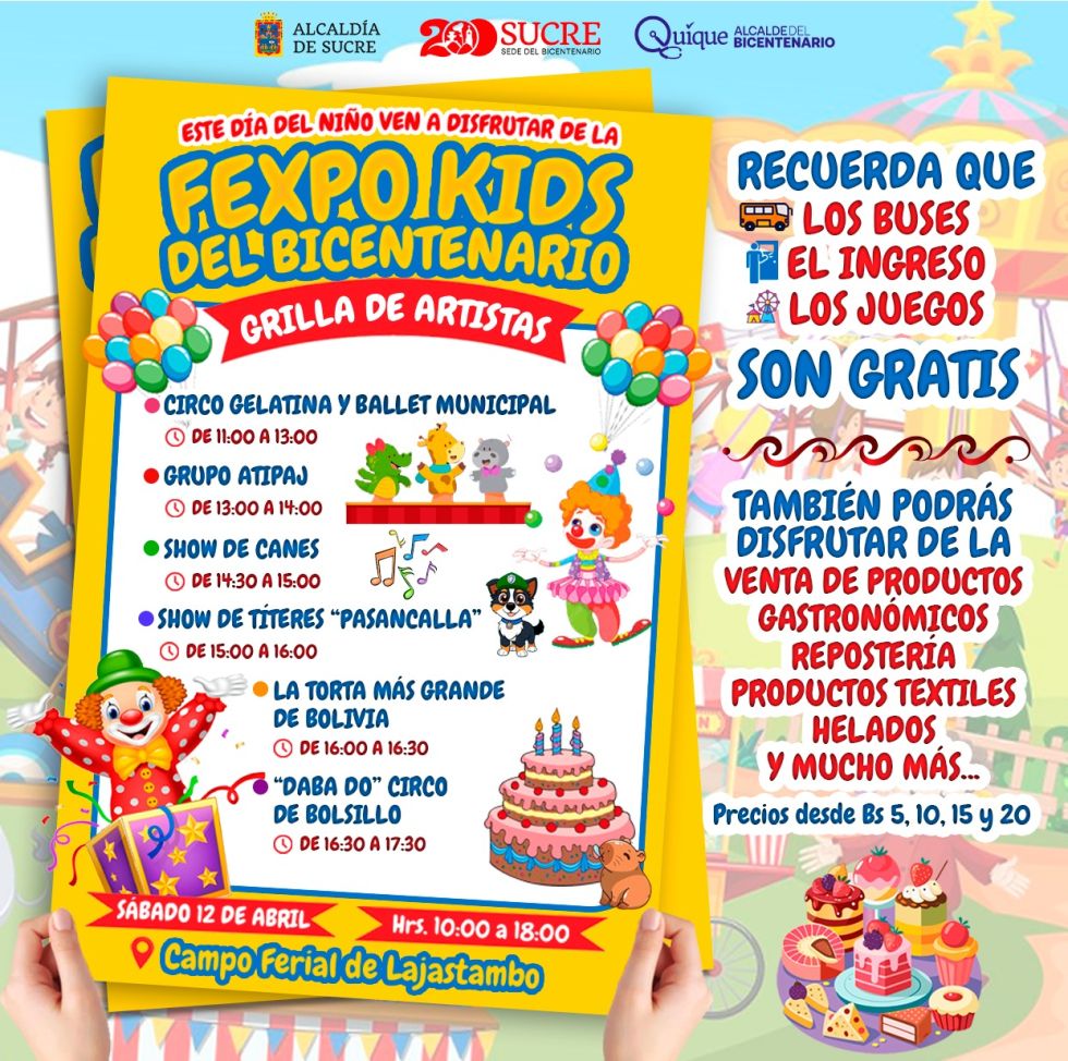 LAJASTAMBO. La invitación y grilla de artistas que animarán la Fexpo Kids este sábado.