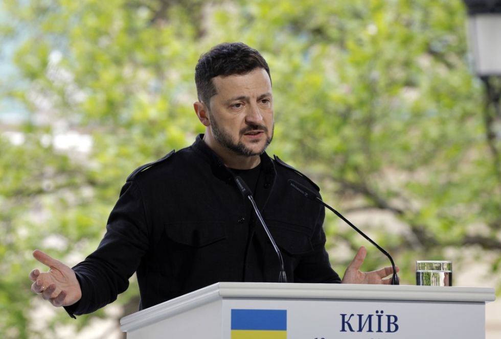 El presidente de Ucrania, Volodímir Zelenski, durante una rueda de prensa en el Palacio Mariinsky, en Kiev.