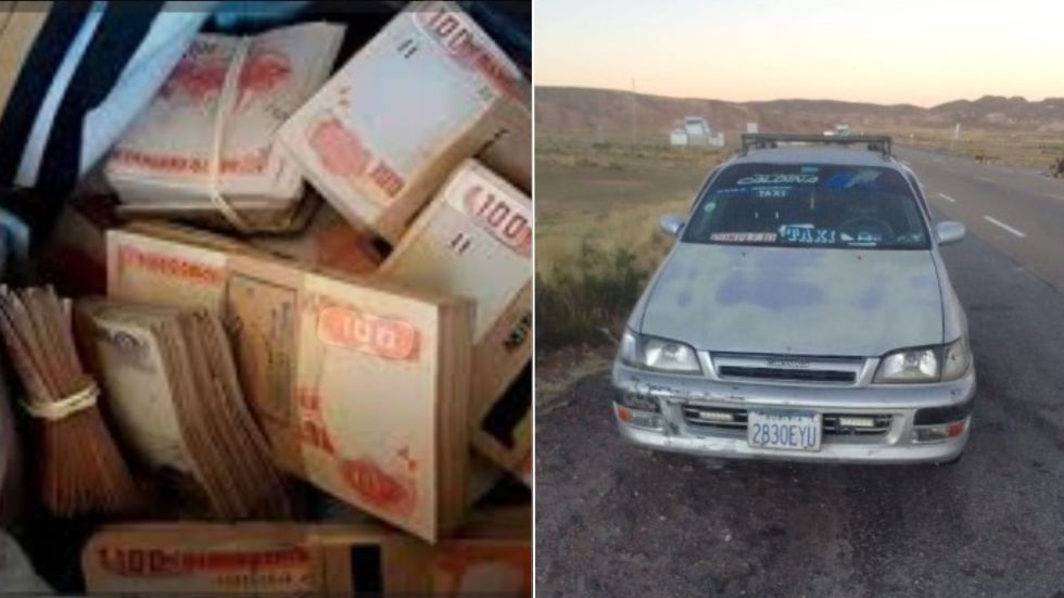 El dinero incautado a la acusada de tráfico de migrantes; al lado, el vehículo en el que fue interceptada.
