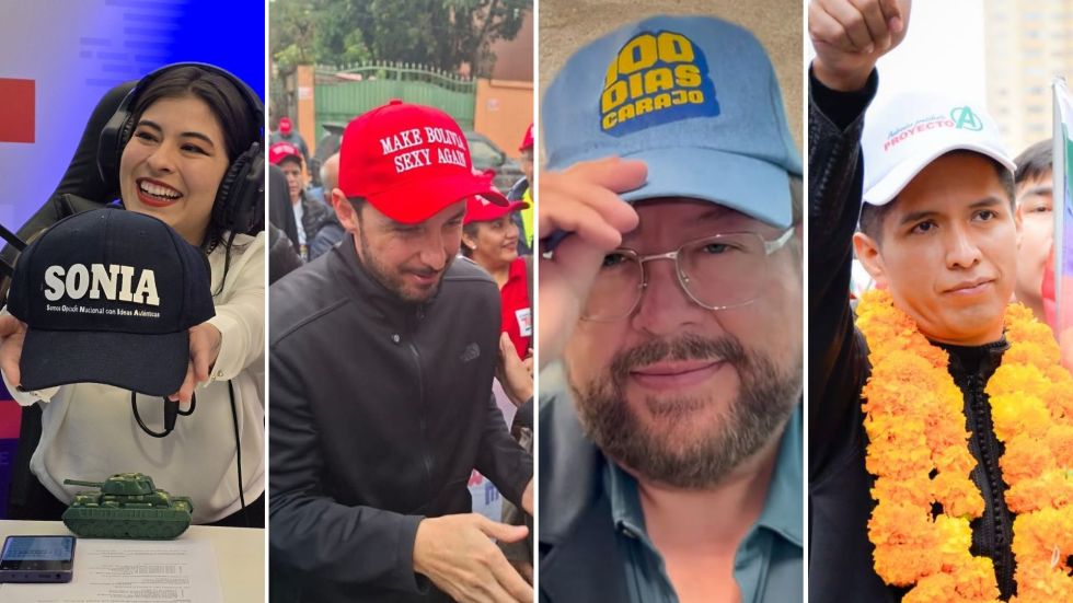 Las gorras que utilizan Eduardo del Castillo (i), Juan Pablo Velasco (2i), Samuel Doria Medina (2d) y Andrónico Rodríguez.