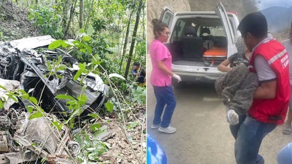 El vehículo accidentado; al lado, el rescate del único sobreviviente.