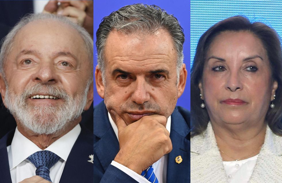 El presidente de Brasil, Luiz Inácio Lula da Silva (i), el presidente de Uruguay, Yamandu Orsi (c), y la presidenta de Perú, Dina Boluarte.