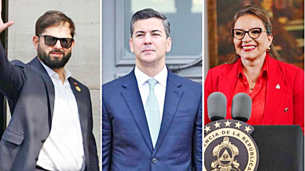 AUTORIDADES. Los jefes de Estado Gabriel Boric, Santiago Peña y Xiomara Castro.