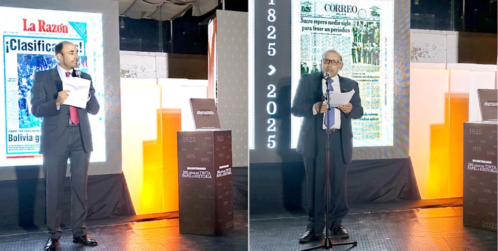 SUCRE. El gerente general del BCP, Christian Hausherr, quien llegó de La Paz, y el director de CORREO DEL SUR, Marco Dipp, durante la presentación del libro.