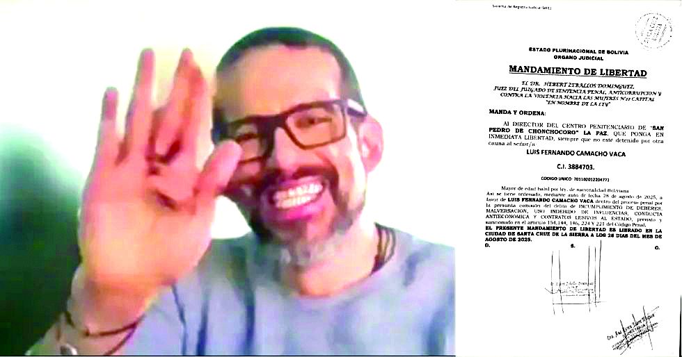 LA PAZ. Luis Fernando Camacho en una de las audiencias virtuales y la foto de su orden de libertad.