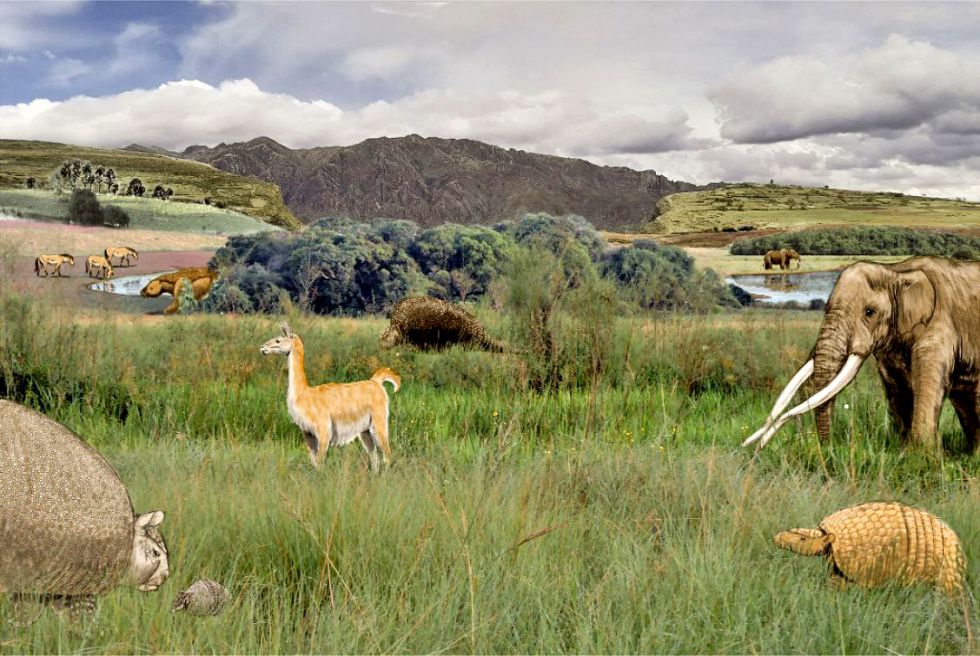 Reconstrucción paleoambiental hipotética de las asociaciones faunísticas del Pleistoceno Tardío del departamento de Chuquisaca, Bolivia. Ilustración Pedro Cuaranta