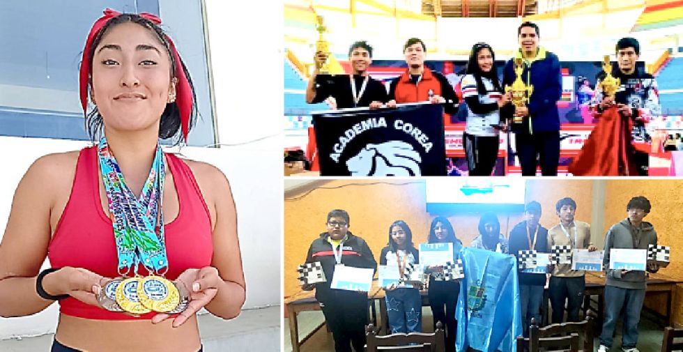 María Fernanda Garvizú se colgó cuatro preseas en atletismo; al lado, el Club Guerrero Dragón, campeón en taekwondo, y el podio de ajedrez.