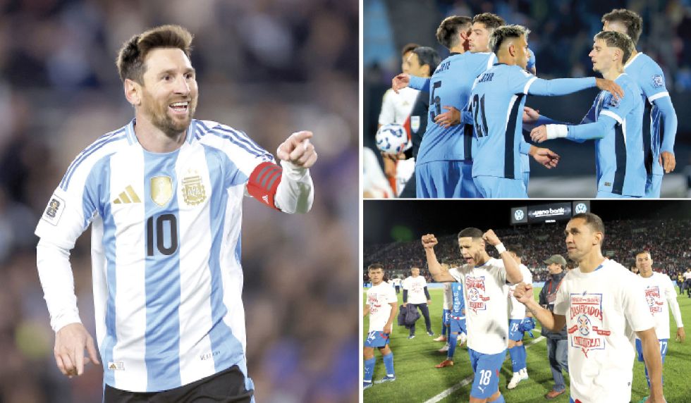 Lionel Messi anotó un doblete en su último partido por Eliminatorias Sudtamericanas en Argentina; al lado, los festejos de los jugadores de Uruguay y Paraguay, que clasificaron al