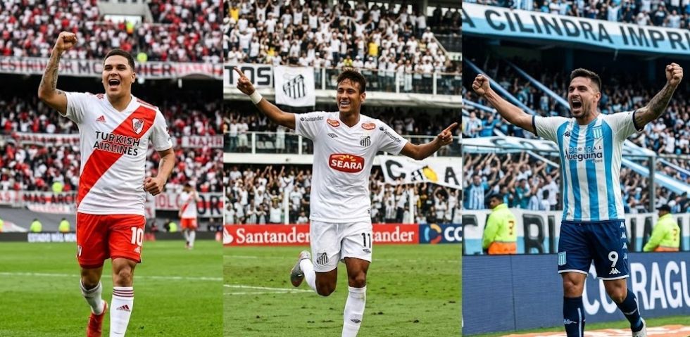 Las figuras de River Plate, Santos y Racing, Juan Fernando Quintero, Neymar y Adrián Martínez. 