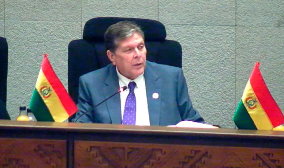 El ministro durante la interpelación.